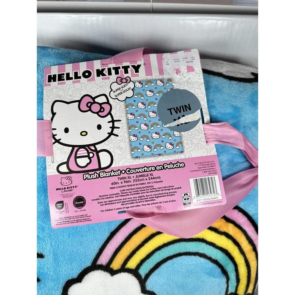HELLO KITTY Pastel Rainbows & Hearts Blue Plush Throw Blanket Twin XL 60 x 96